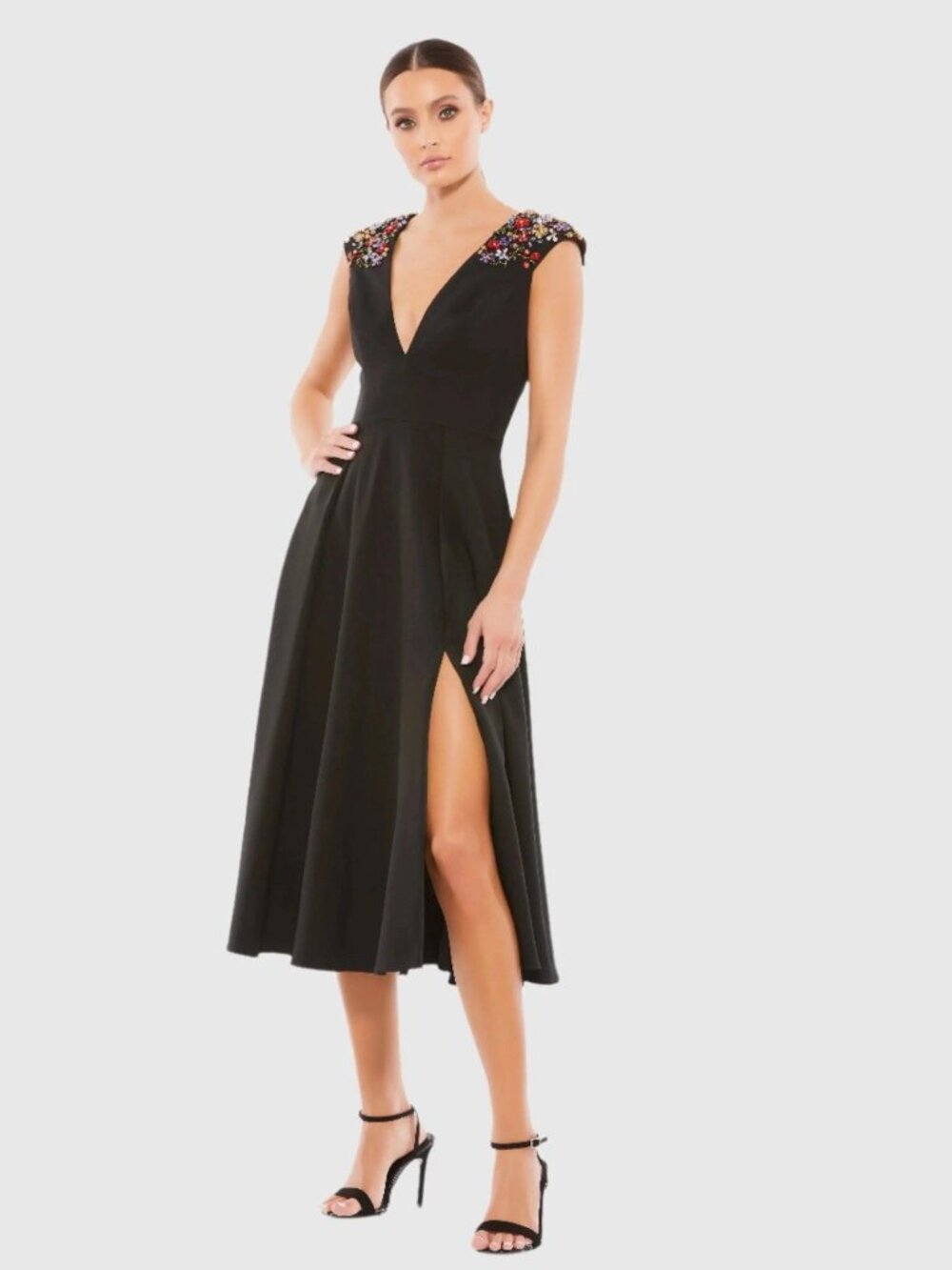Mac Duggal Size 2 Black 70214 Beaded Cap Sleeve A-Line Midi Cocktail Dress NWT
